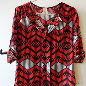 Poema geometric red grey black boho tunic top S SM Small